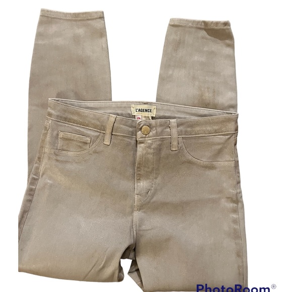 ✨Margot High Rise Skinny Cropped Jeans✨NWT Biscuit Shimmer Gold Glitter Paint - Picture 3 of 7